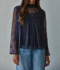 By Together Lace Bell Sleeve Top in navy - women's long sleeve top