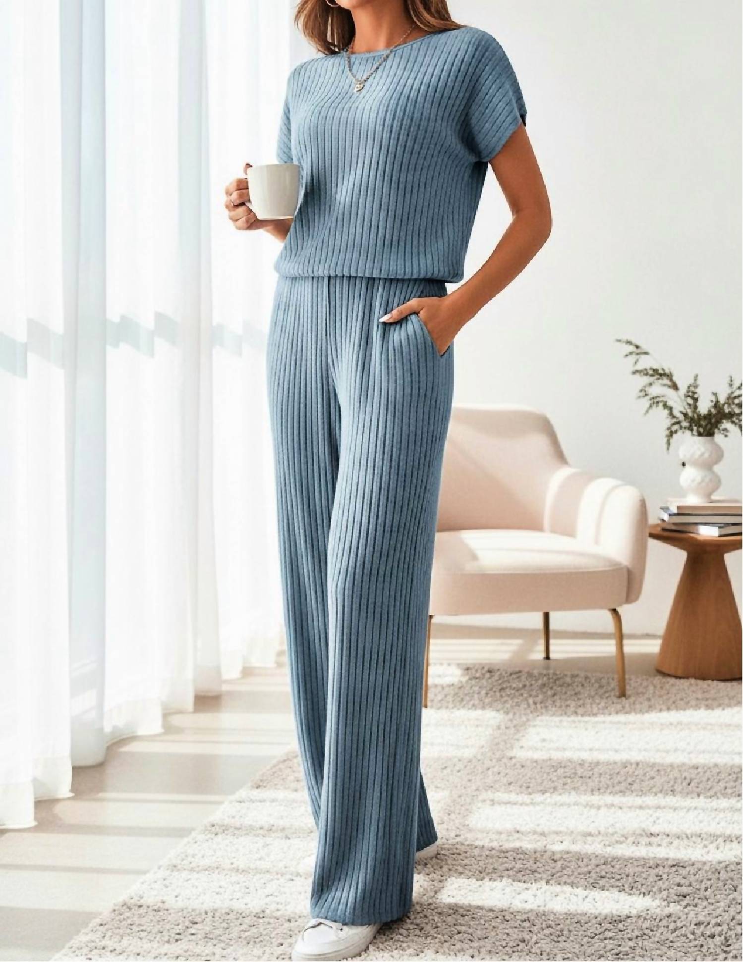 dear lover Ribbed Knit Short Sleeve Wide Leg Jumpsuit in blue - women's pants - detail view