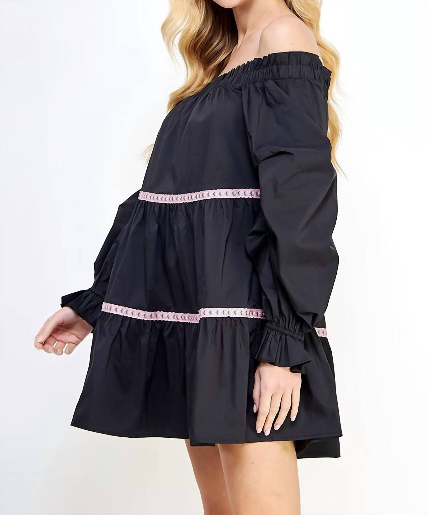 Strut & Bolt - Embroidered Trim Off The Shoulder Tiered Mini Dress