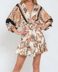 Aakaa Dolman Sleeve Border Print Dress in brown - women's dress
