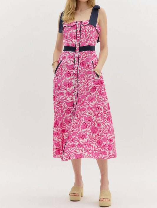 Entro - Shoulder Tie Print Midi Dress