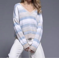 Minnie Rose - Cotton Cashmere Marl Stripe Boxy V-neck Sweater
