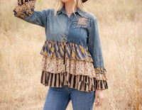 Young Threads - Vintage Boho Denim Yoke Patchwork Tiered Tunic Top