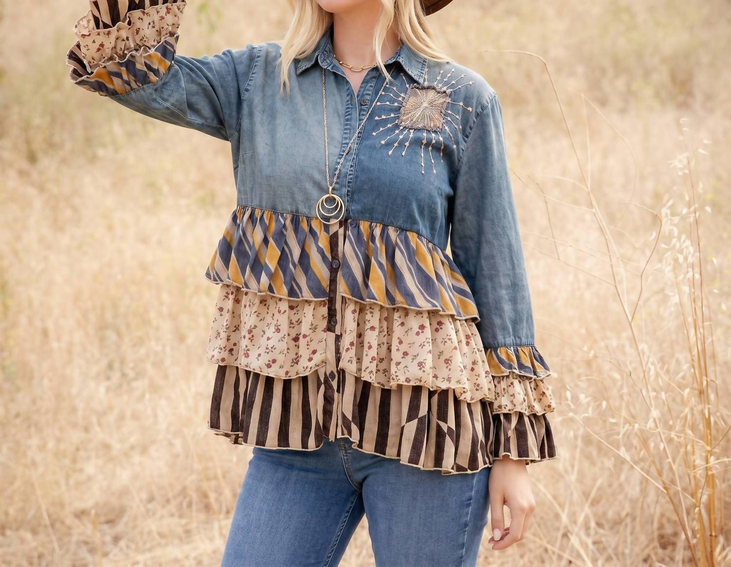 Young Threads - Vintage Boho Denim Yoke Patchwork Tiered Tunic Top