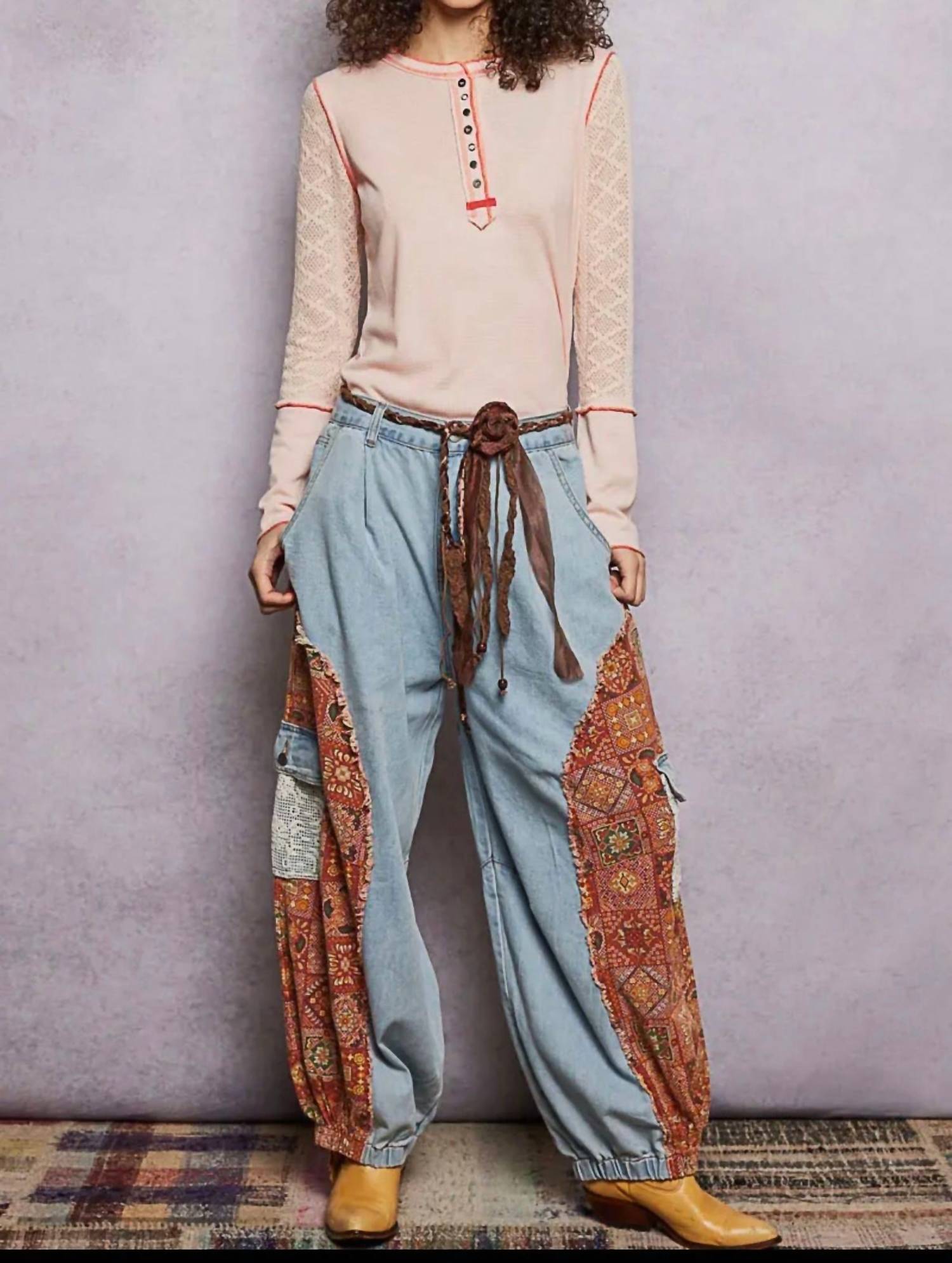 POL Boho Floral Patchwork Cargo Joggers in lt denim - women's pants - detail view