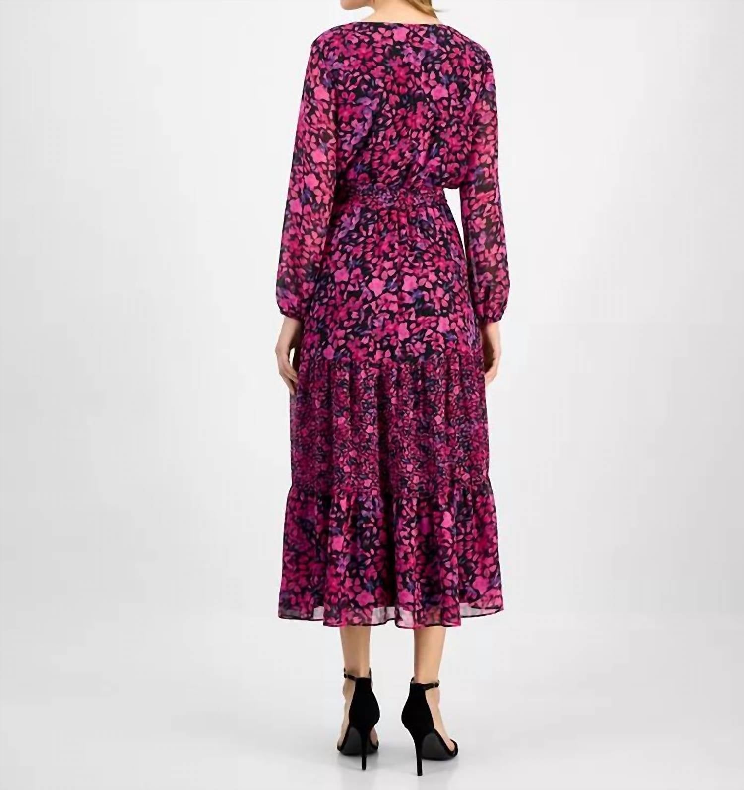 Kasper - Long Sleeve V-neck Printed Maxi Dress