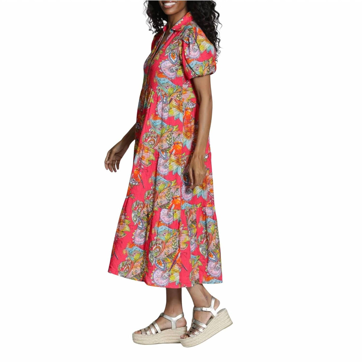 Apny - Tiered Puff Sleeve Shirt Dress