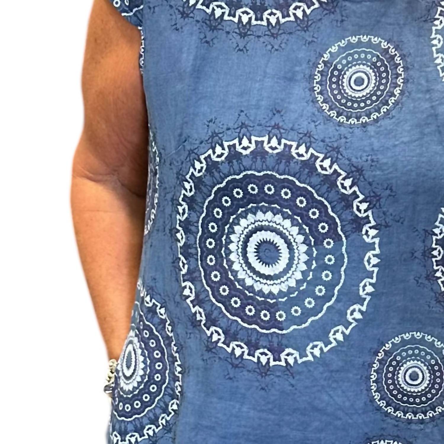 Femme Fatale Linen Print Midi Dress in indigo - women's dress - detail view