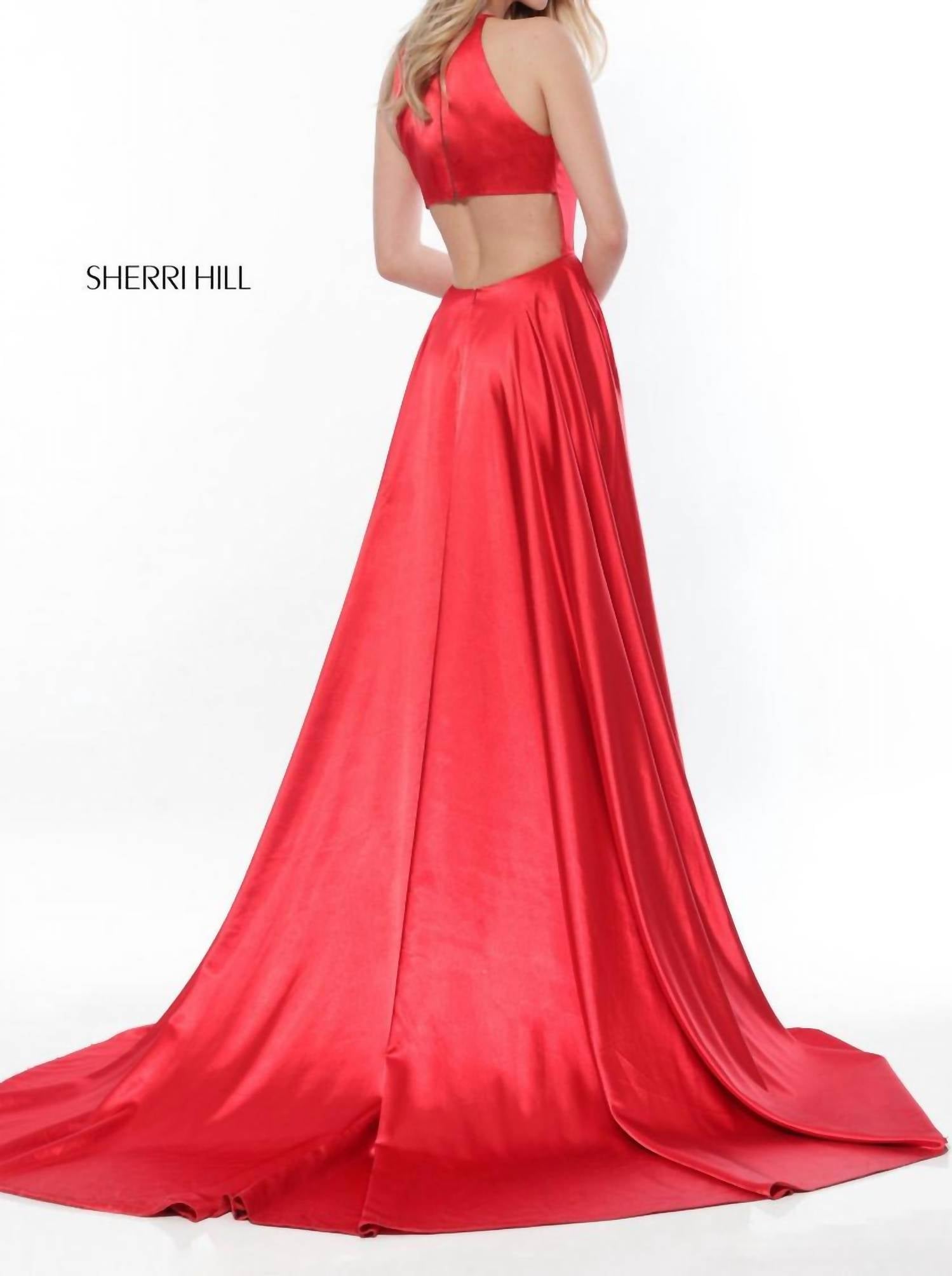 Sherri Hill High Neck Charmeuse Gown in wine - women's dress - detail view