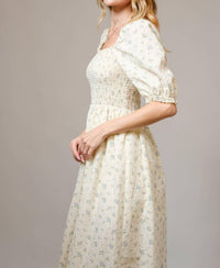 Blue B - Ditsy Floral Smocked Square Neck Midi Dress