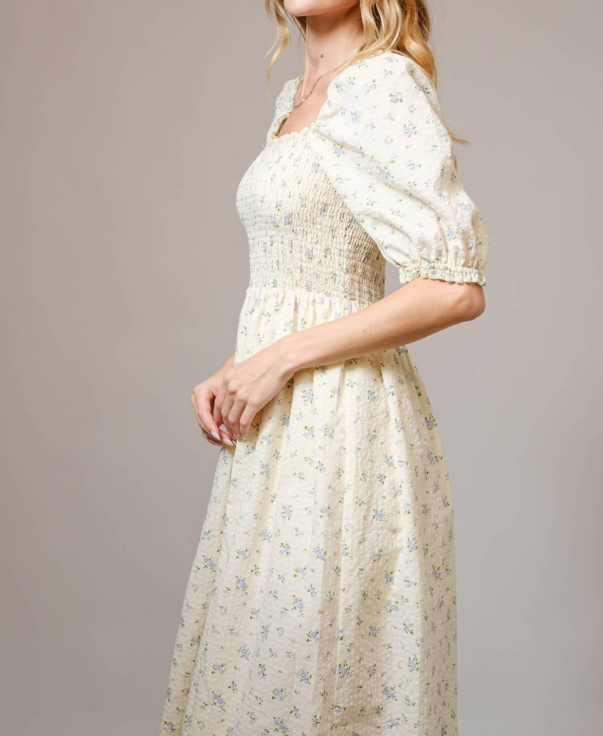 Blue B - Ditsy Floral Smocked Square Neck Midi Dress