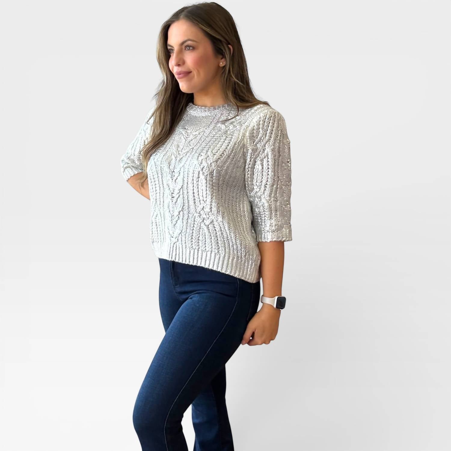 THML Cable Knit Crew Sweater in metallic grey - women's sweater - alternate view