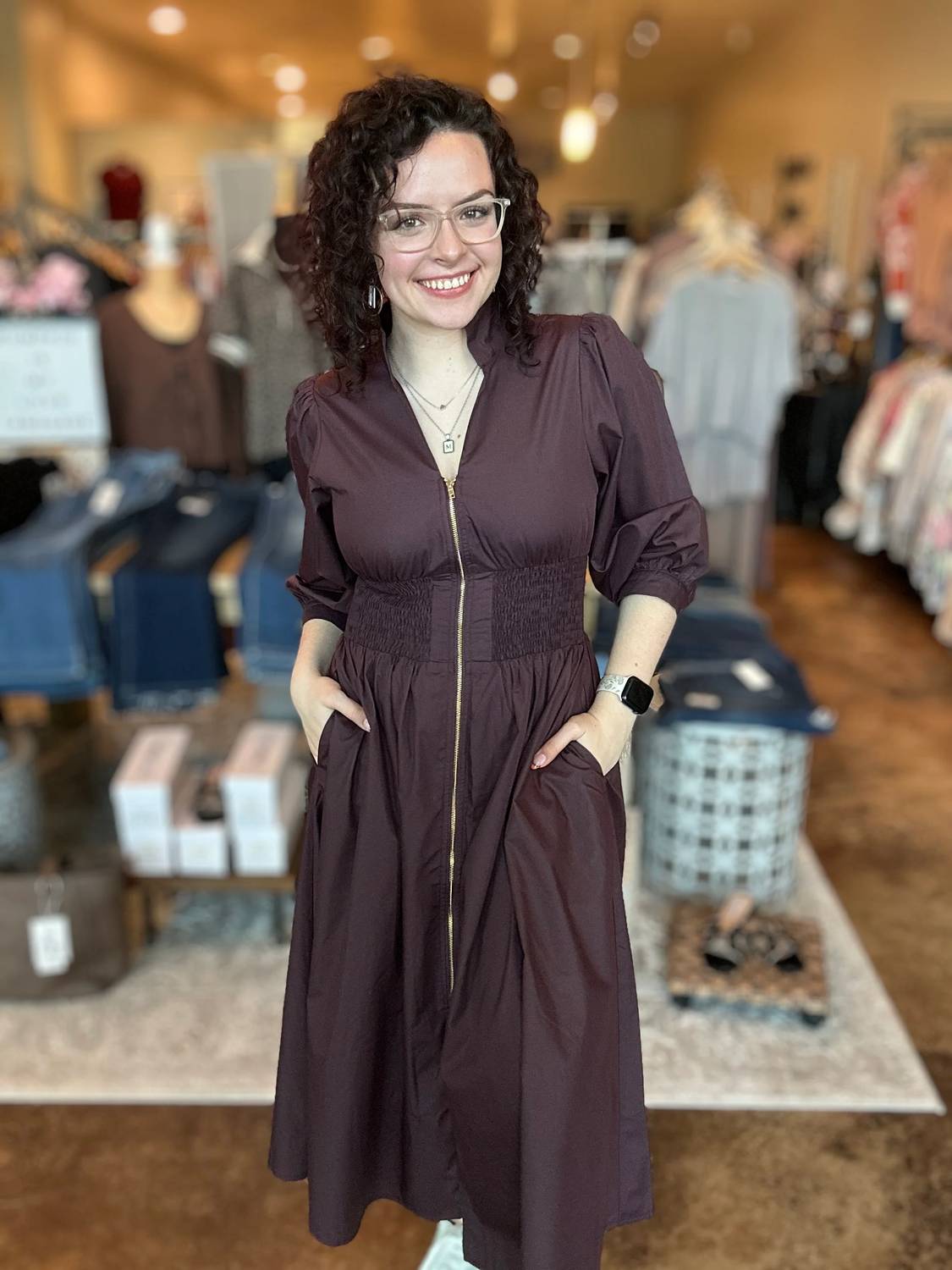 Entro - Quarter Sleeve Front Zip Midi Dress