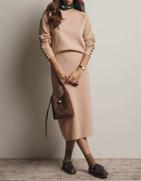 Forte - Ribbed Cuff Sweater & Midi Skirt Knit Set