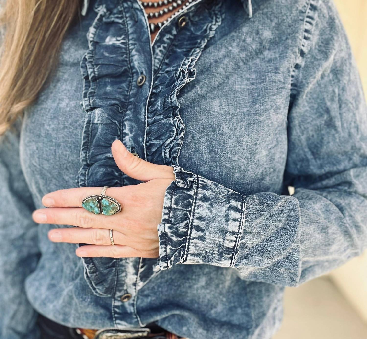 Doe and Rae The Dusty Denim Top in blue - women's blouse - alternate view