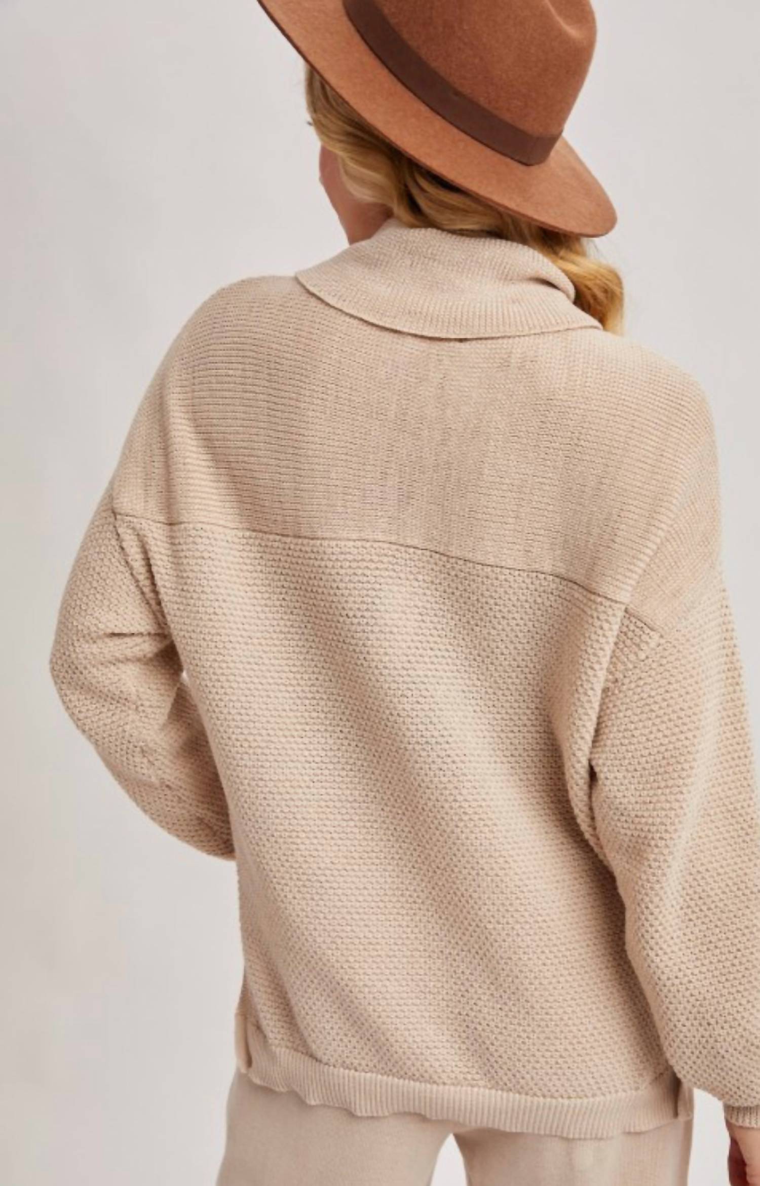 BluIvy Long Sleeve Turtleneck Sweater Top in latte - women's sweater - detail view