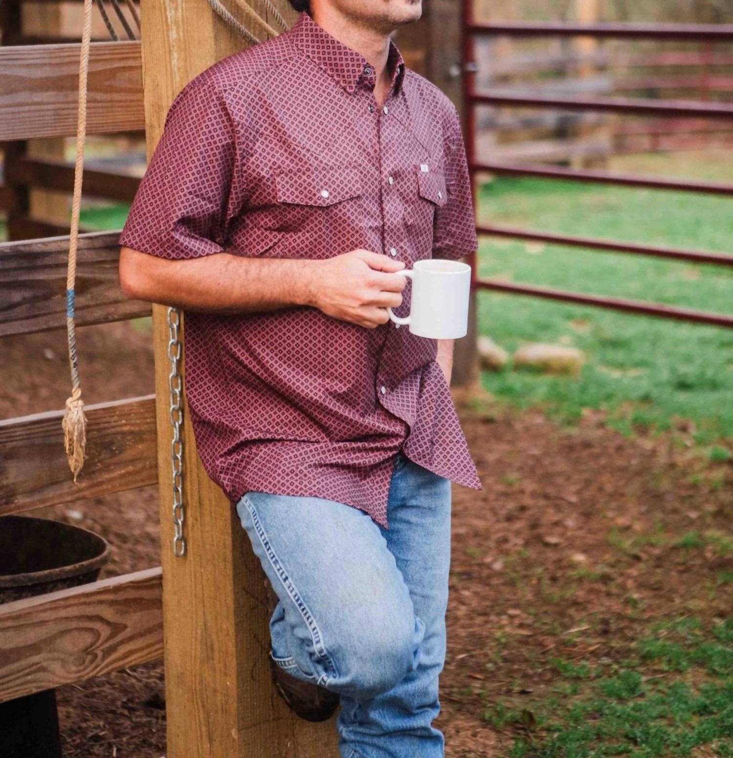 Ferrell Nicholas Pearl Snap Short Sleeve Shirt in burgundy - men's shirt - alternate view