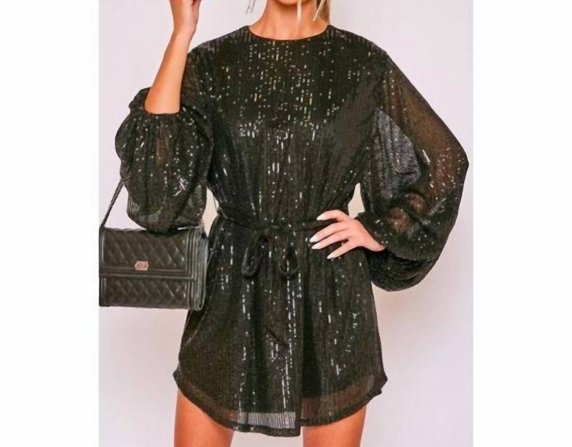Vine & Love - Shimmer Balloon Sleeve Belted Mini Dress