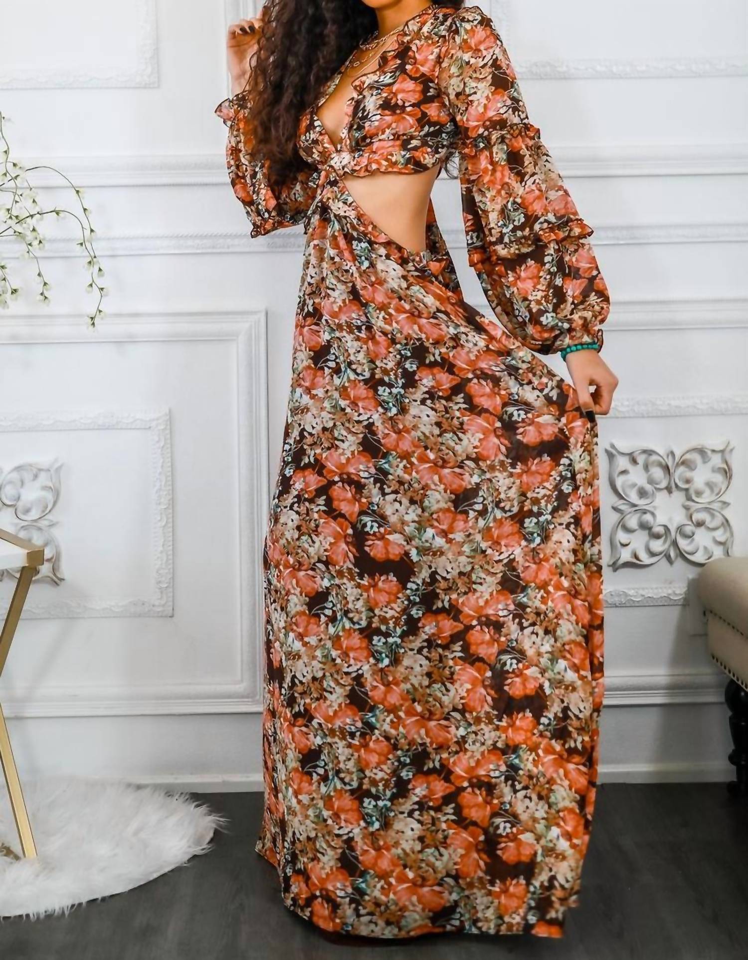 Surelymine - Floral Scent Cut Out Maxi Dress