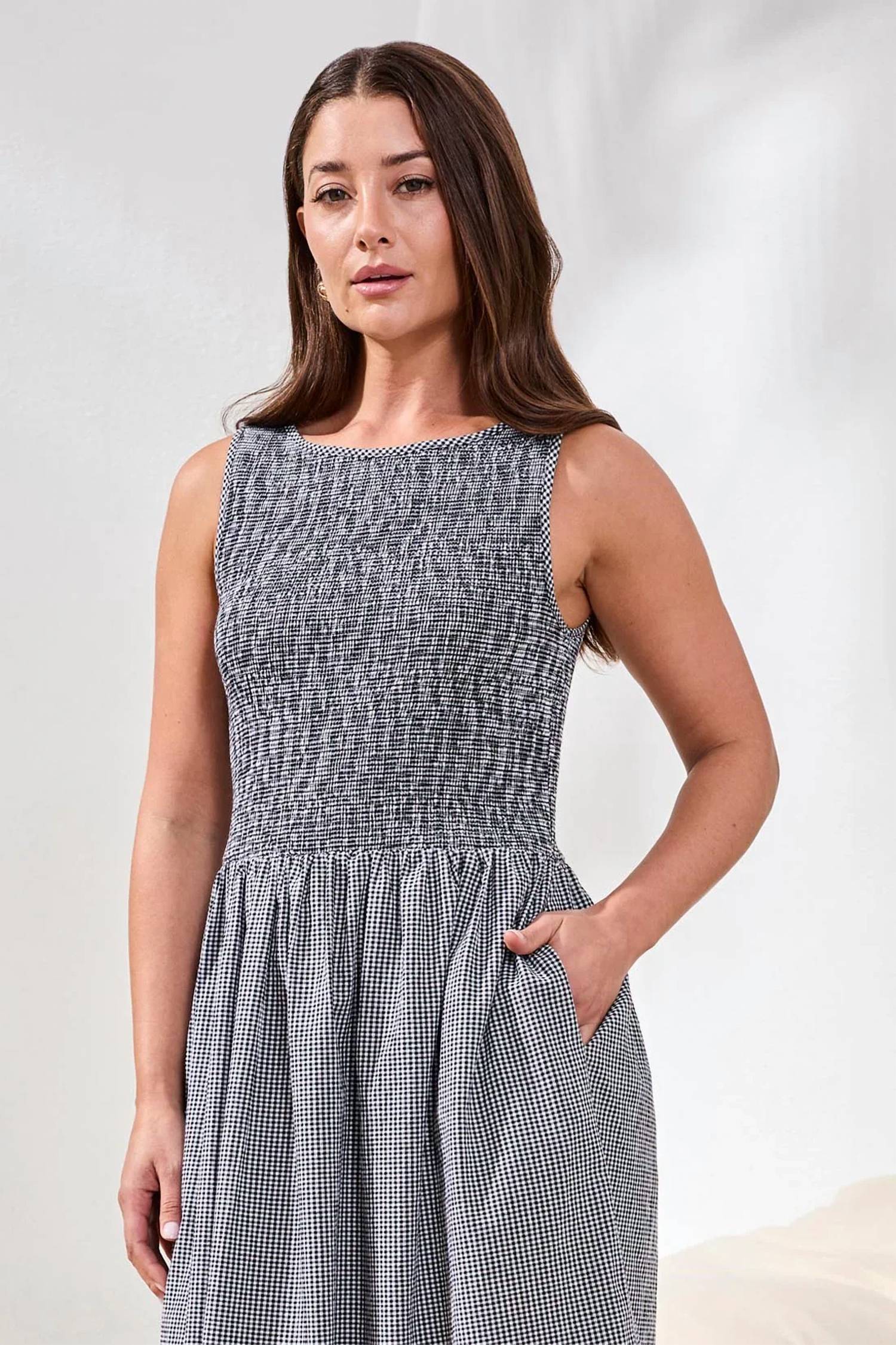 Tribal - Gingham Smocked Bodice Maxi Dress