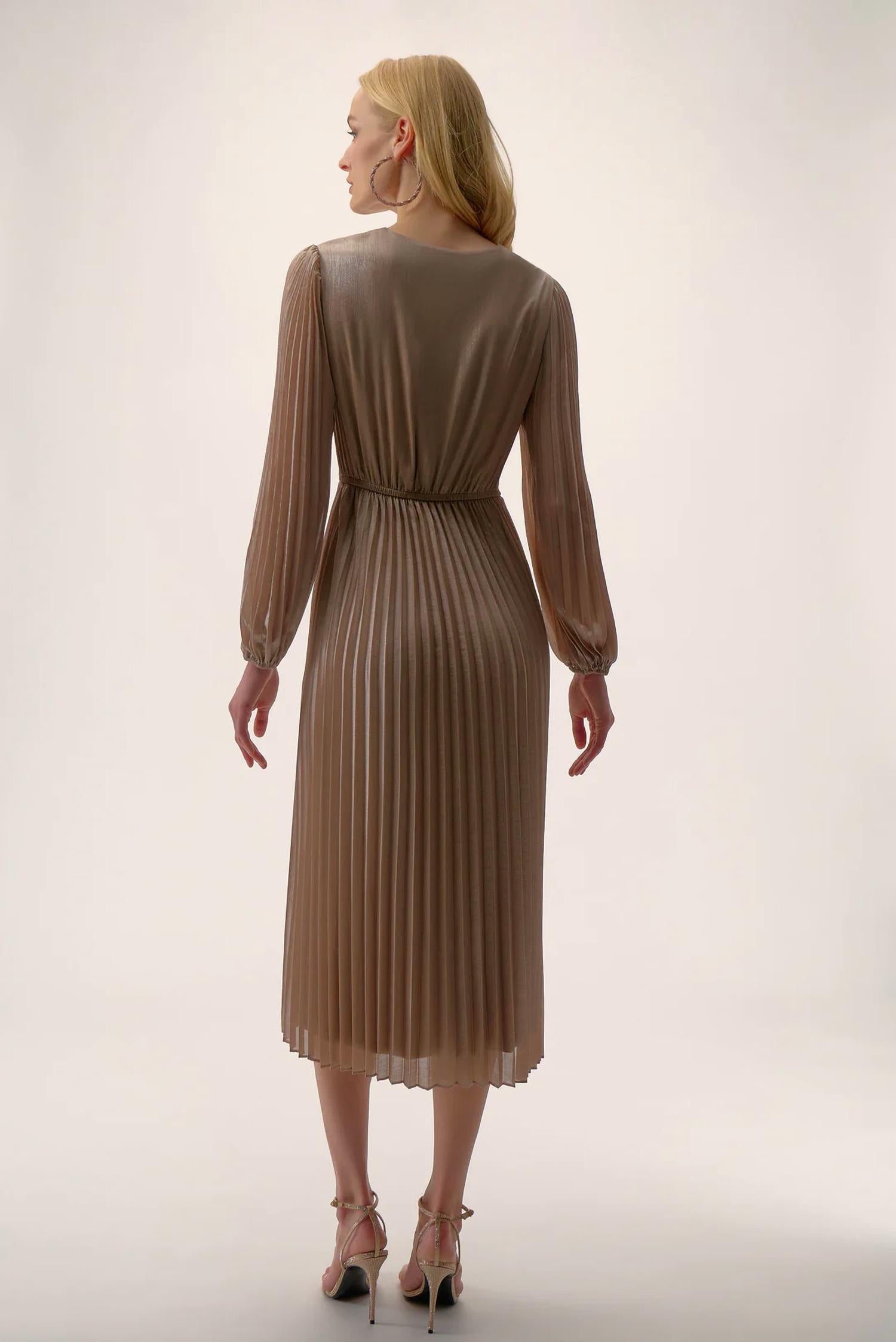 Joseph Ribkoff Waist Tie Puff Sleeve Pleated Fit And Flare Dress in taupe silver 1 - women's dress - detail view