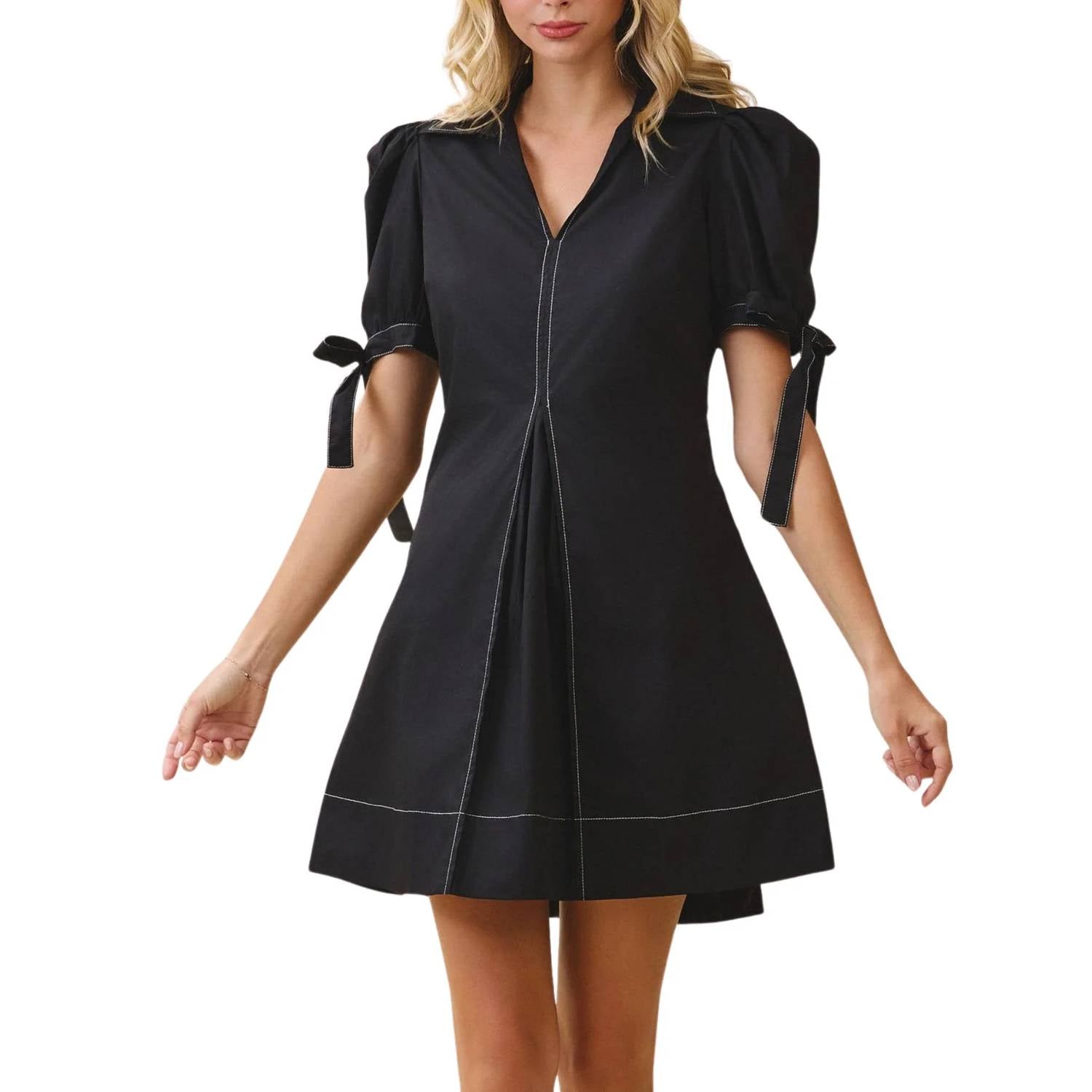 Tcec - Collared V Neckline Pleated Detail A Line Dress