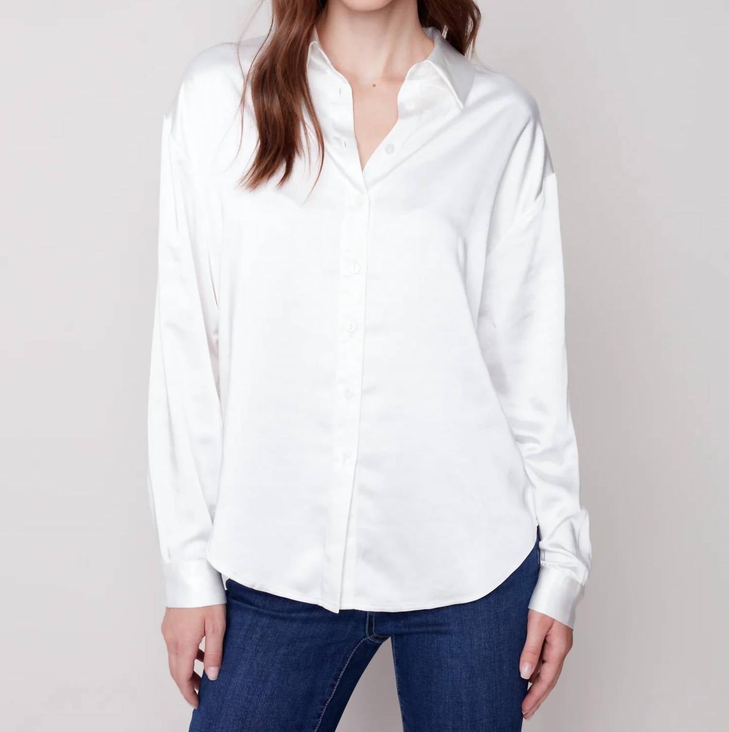 CHARLIE B Satin Long Sleeve Blouse in ecru - women's blouse