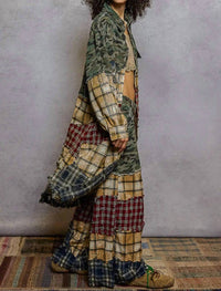 Pol - Patchwork Long Sleeve Plaid Woven Maxi Shirt