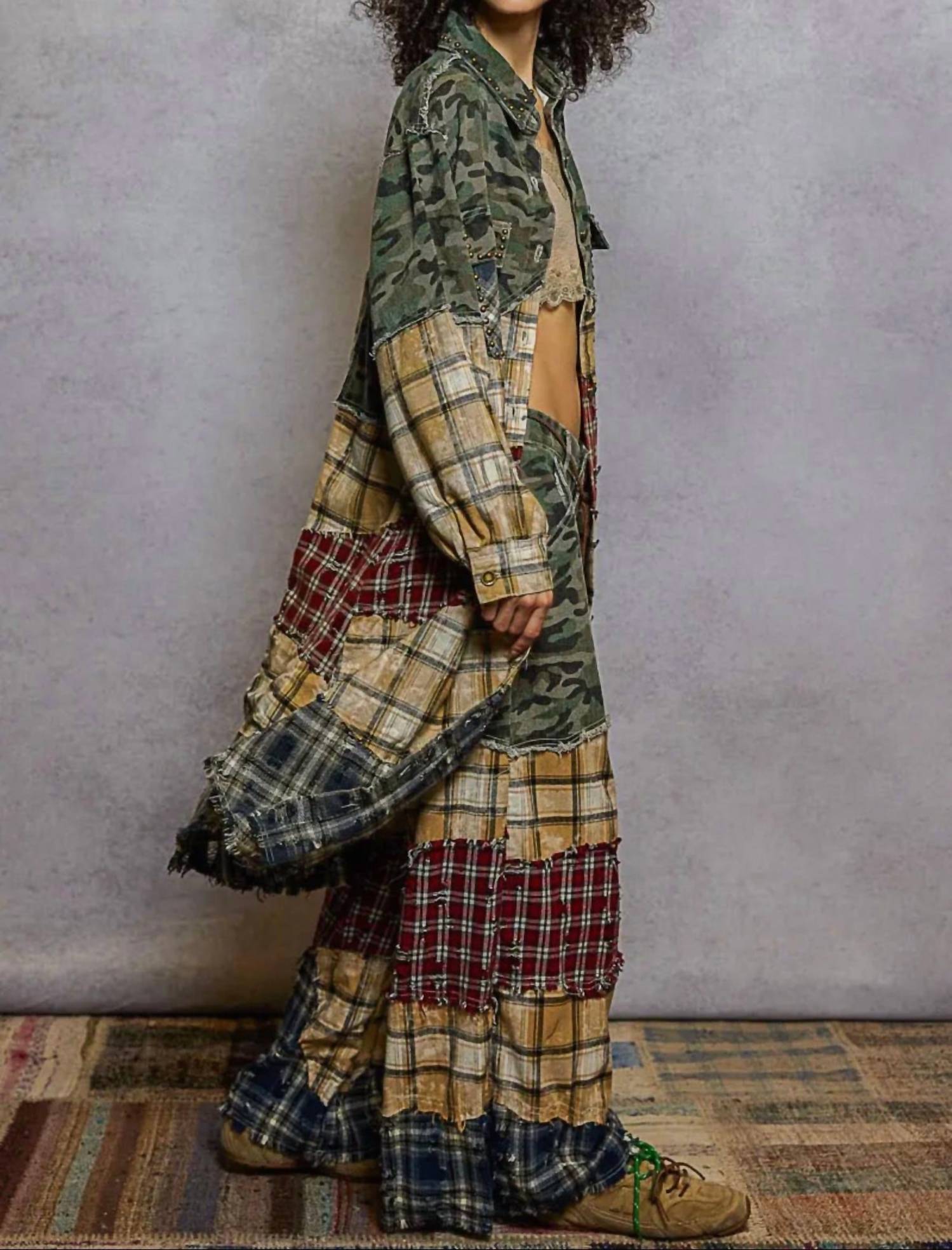 Pol - Patchwork Long Sleeve Plaid Woven Maxi Shirt