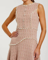 MAC DUGGAL Boucle Sleeveless Button Up Midi Dress in blush gold - women's dress - alternate view