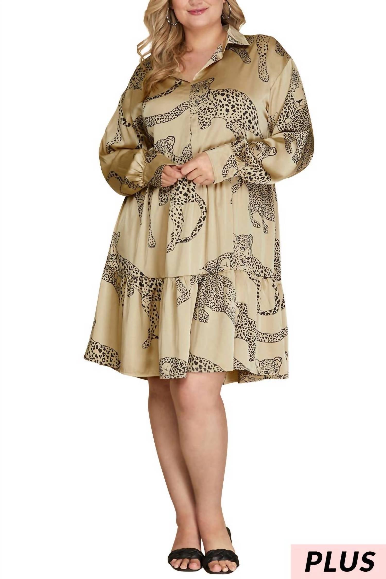 Vanilla Monkey - Woven Cheetah Print Collared Tiered Dress - Plus