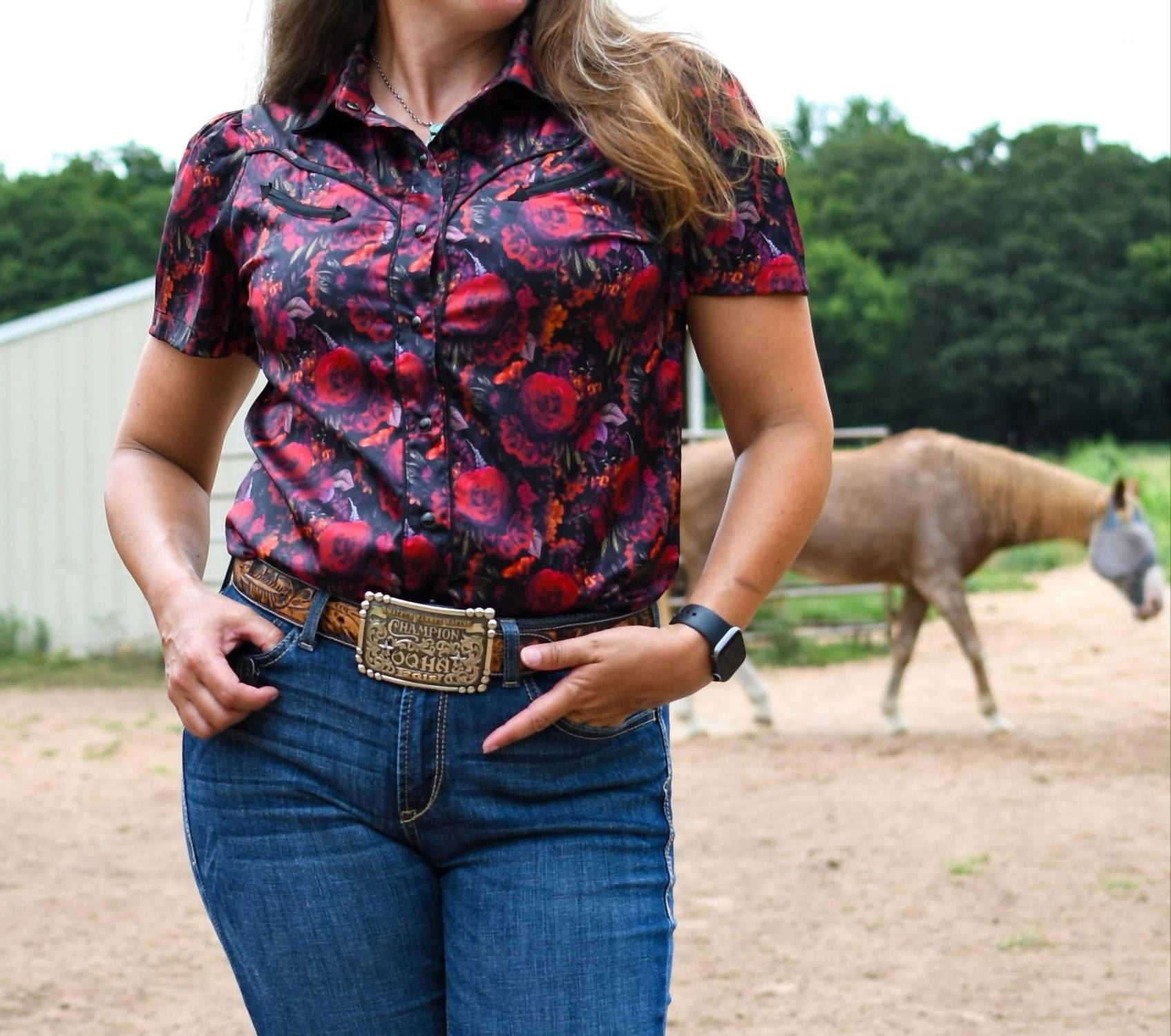 Howdy Hanny - Midnight Rose Short Sleeved Pearl Snap Shirt