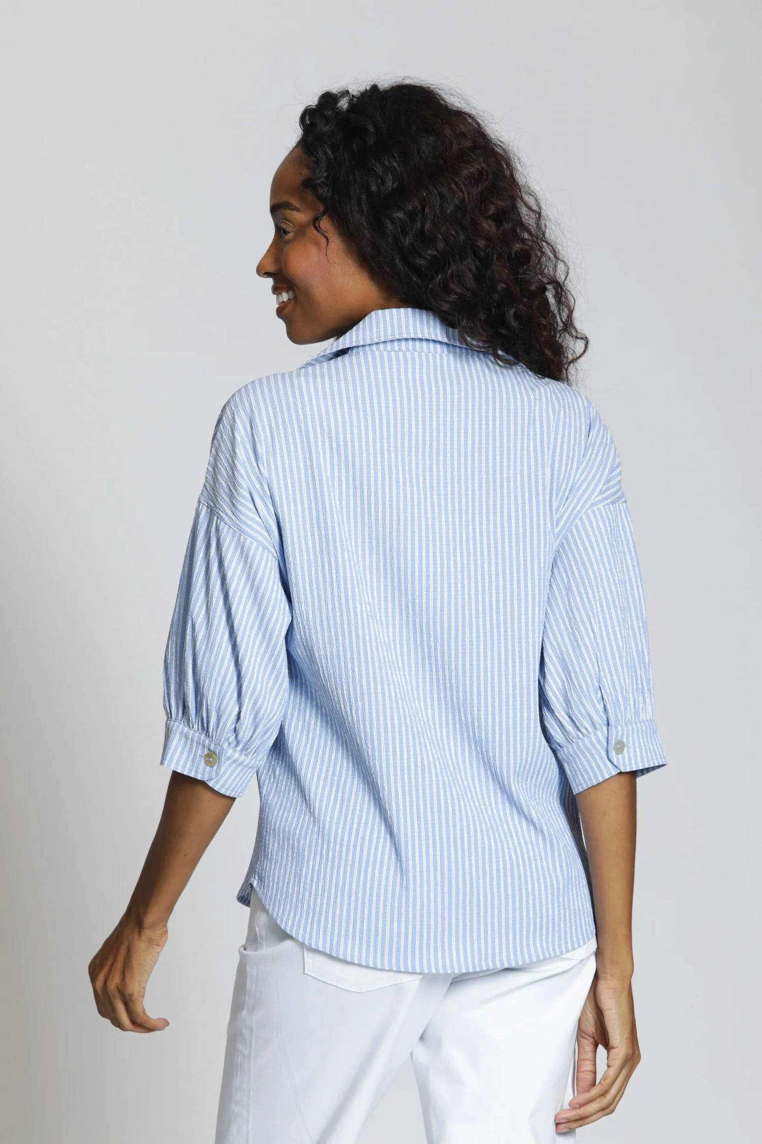 Apny - Stripe Shirt With Blouson Sleeve
