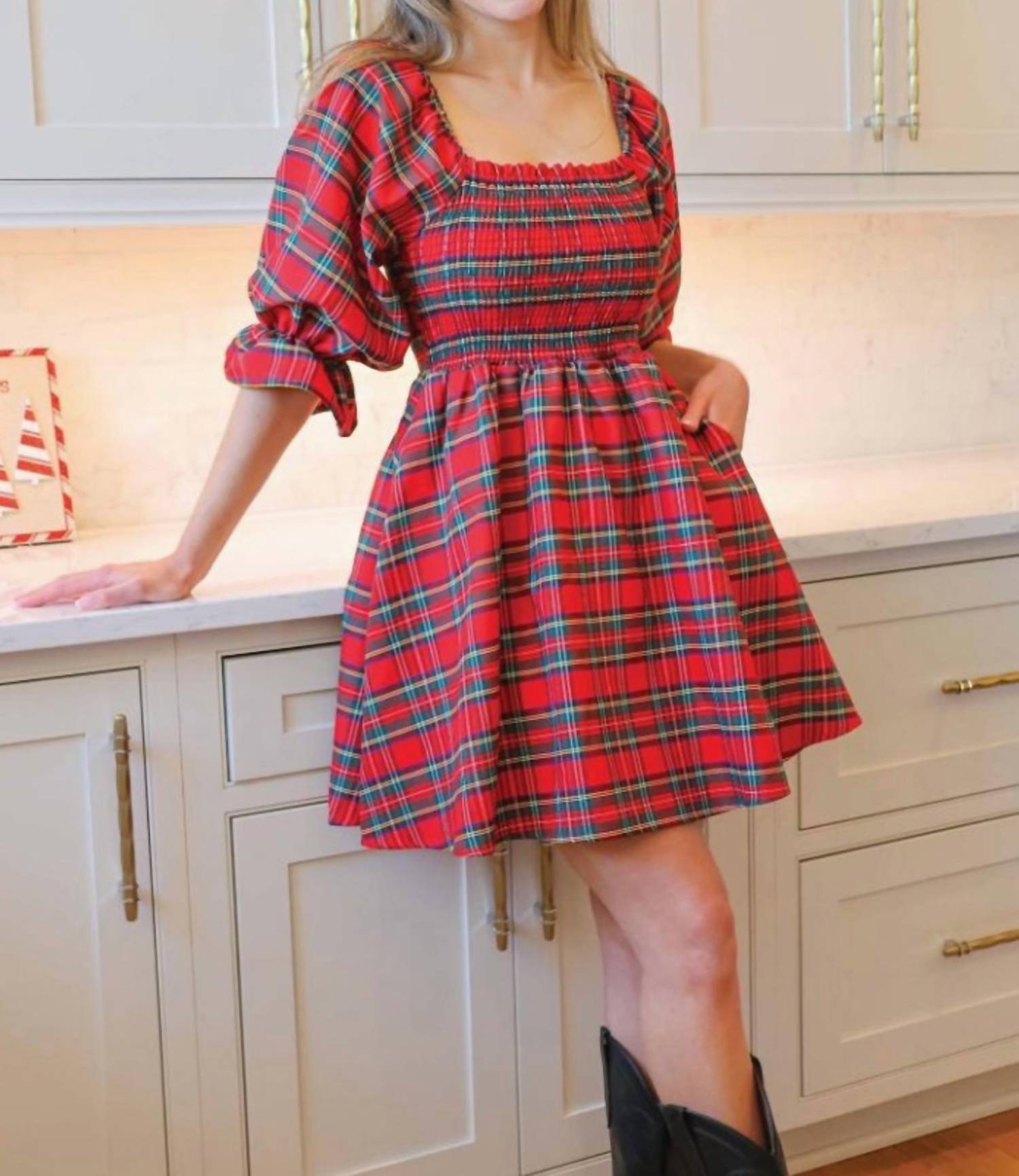 plaid babydoll dress Simply Southern Dress Holiday Plaid Small