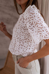 Full Time Purchase - Elegant Flower Embroidery Hollowed Blouse