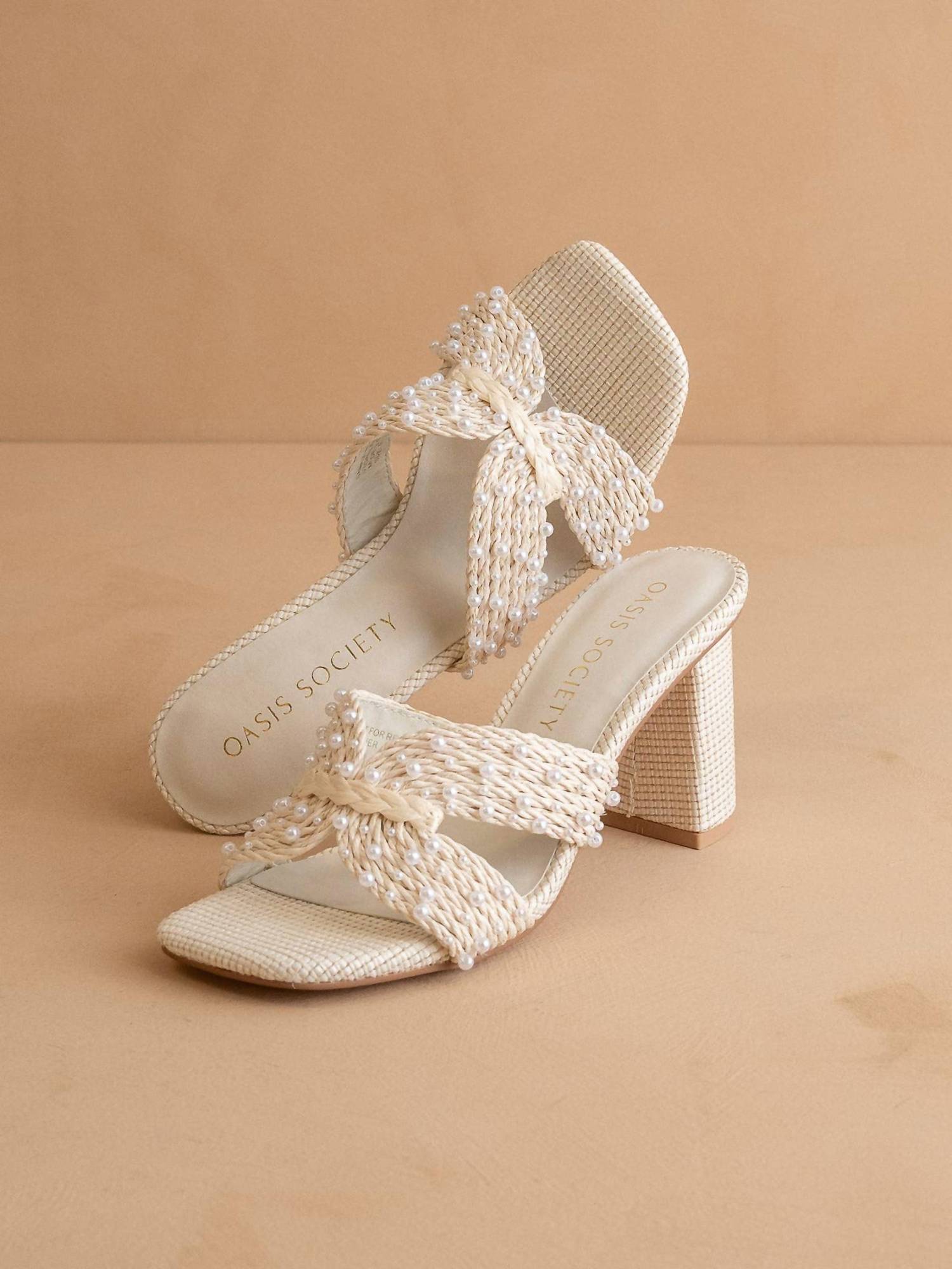 Oasis Society - Women's Tiara Pearl Embroidered Raffia Block Heel