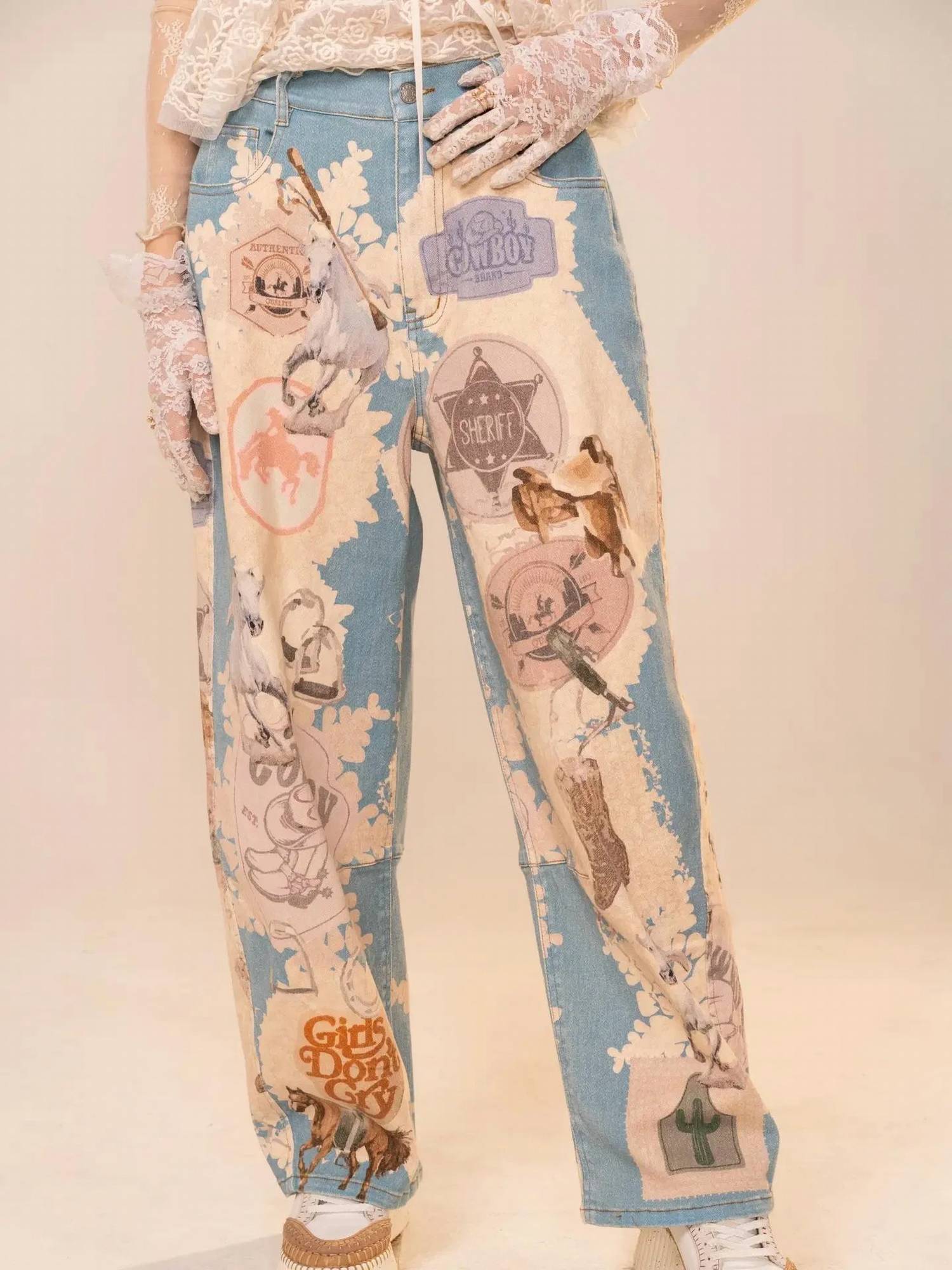 Blue B - Western Motif Patch Loose Jeans