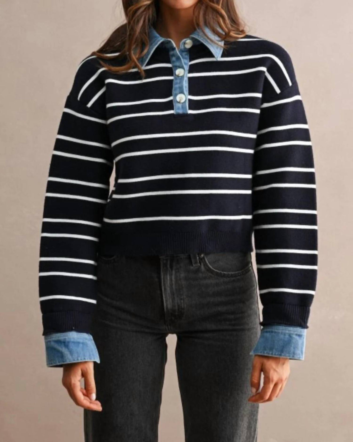 Mable - Striped Sweater with Contrast Denim Detail