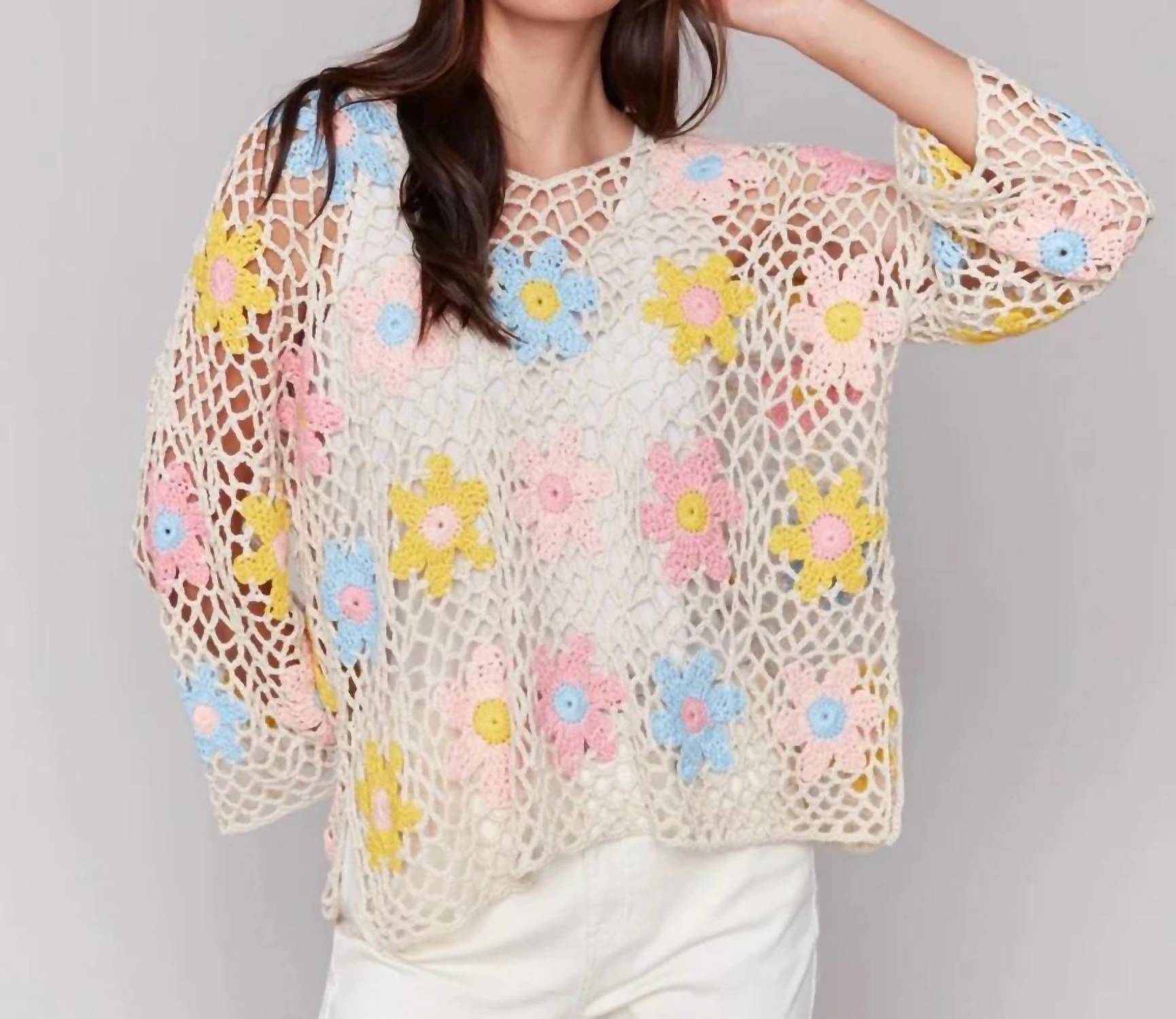 CHARLIE B Multi Floral Crochet Top in natural - women's sweater