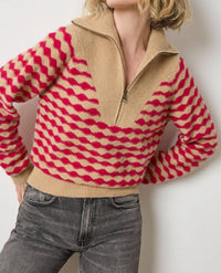 Lilla P Mixed Stitch Half Zip Sweater in birch fuchsia stripe - women's sweater - alternate view