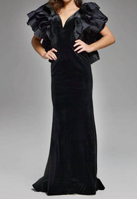 Jovani - Ruffled Sleeves Velvet Evening Gown