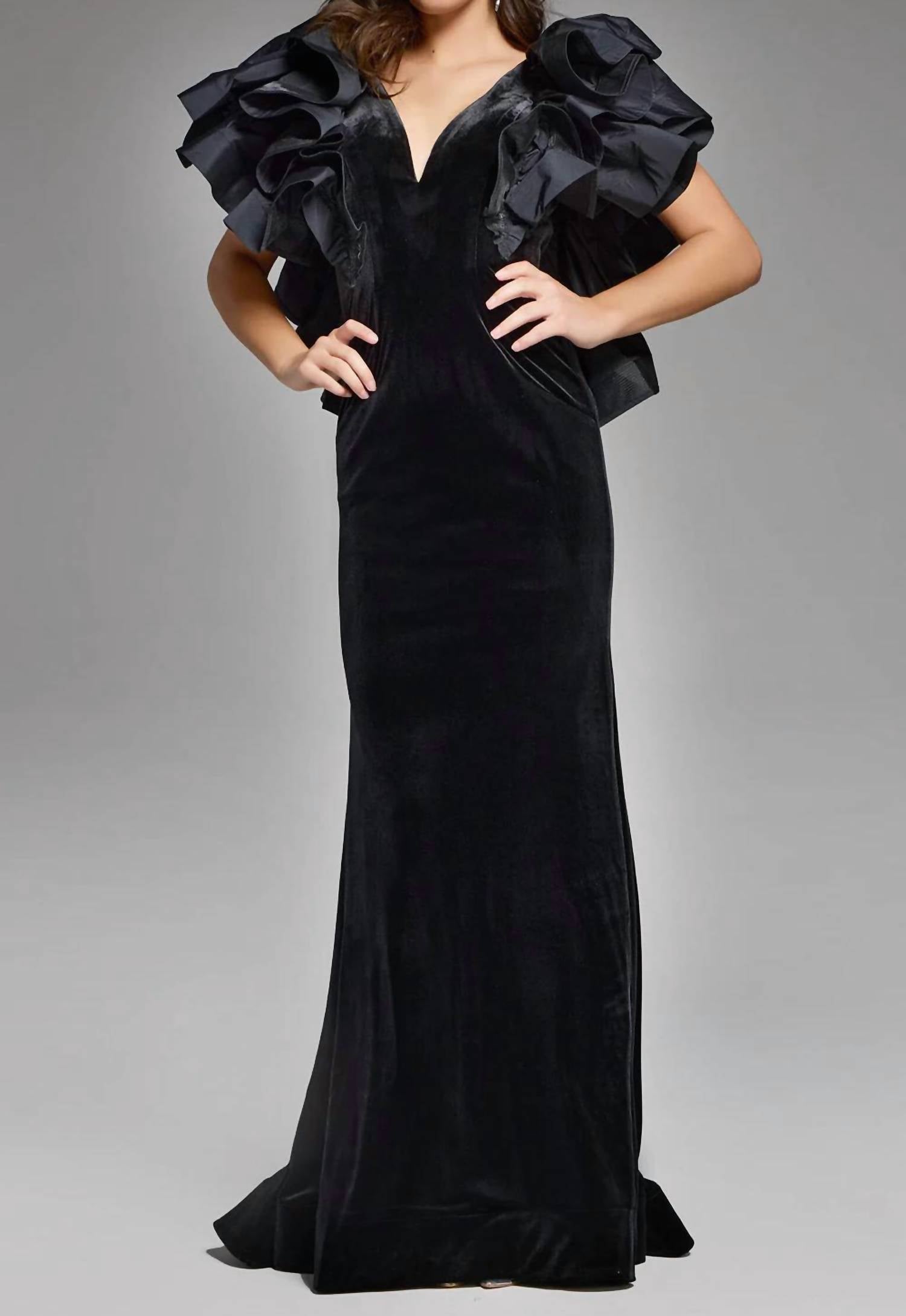 Jovani - Ruffled Sleeves Velvet Evening Gown