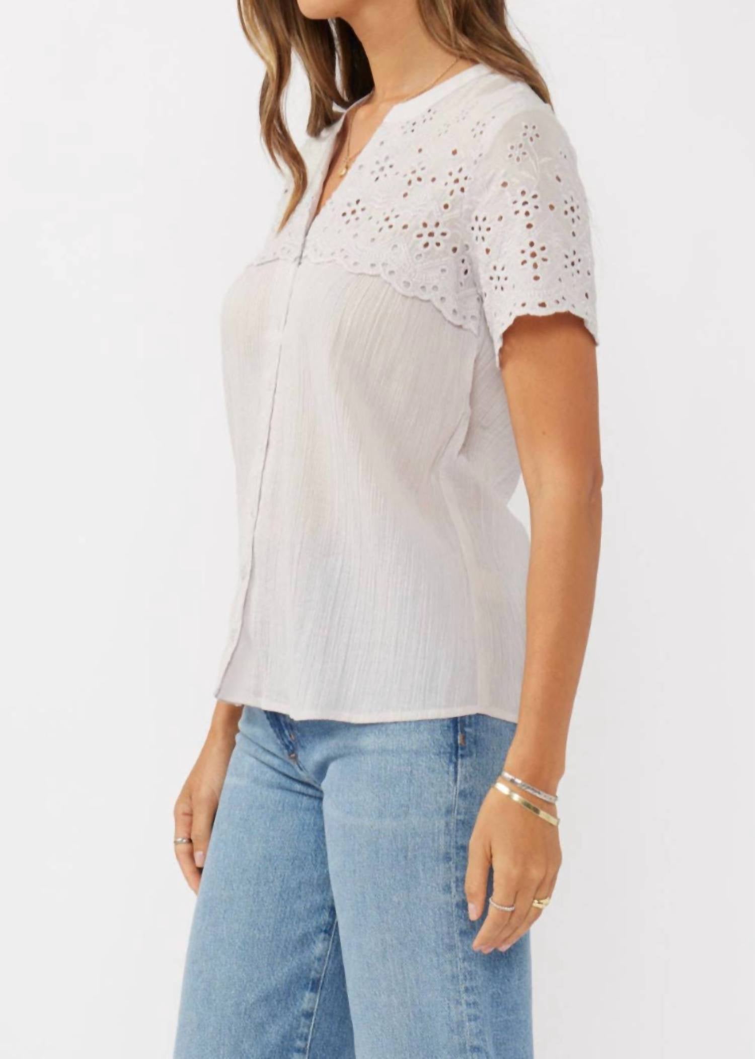 LOVESTITCH Floral Eyelet Short Sleeve Button Down Blouse in dove - women's blouse - detail view