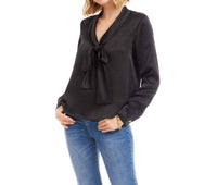Karen Kane Long Sleeve Satin Bow Top in black - women's blouse - detail view