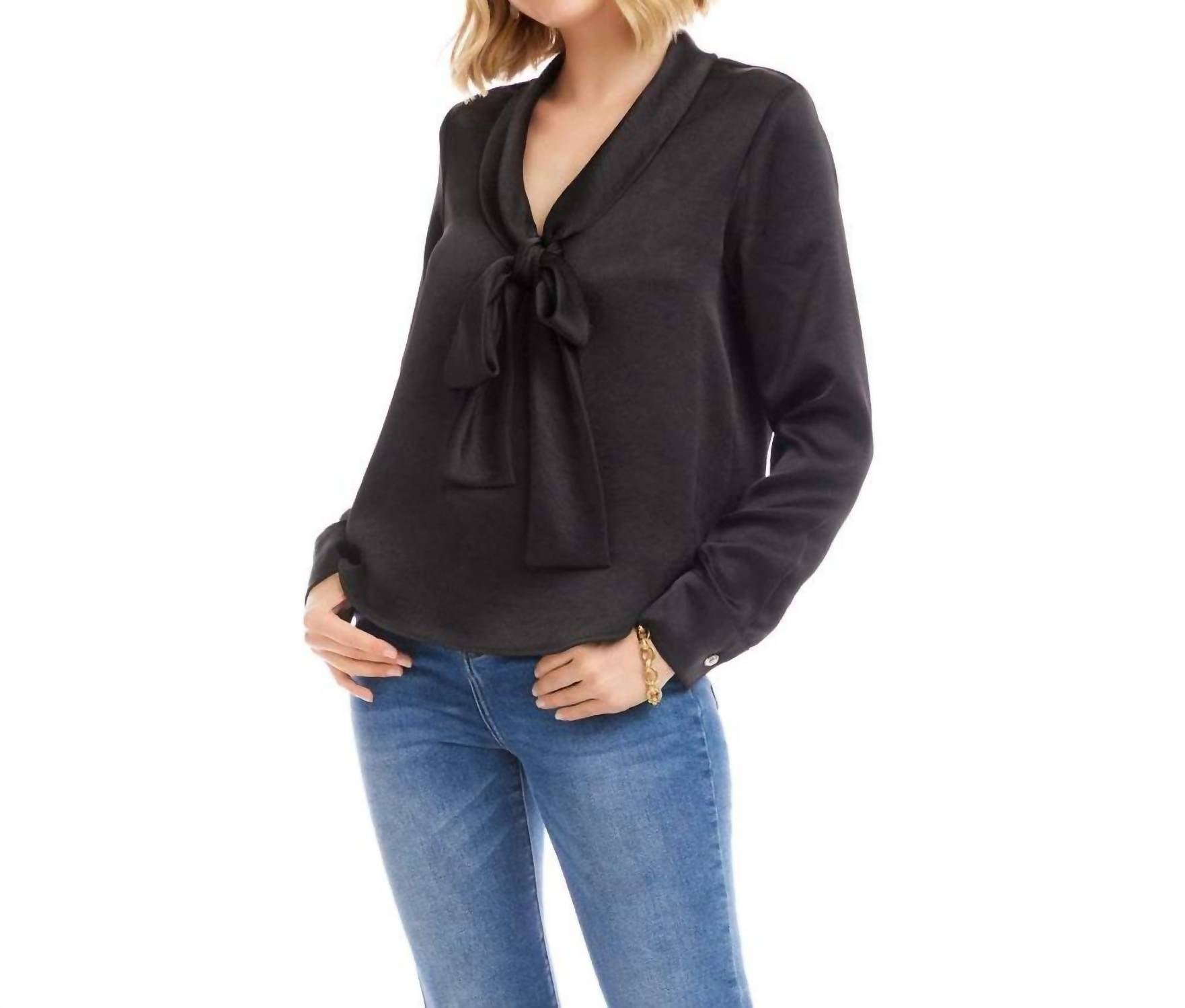 Karen Kane Long Sleeve Satin Bow Top in black - women's blouse - detail view