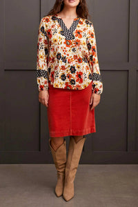 TRIBAL Floral V-neck Blouse With Placket in dark desert - women's blouse
