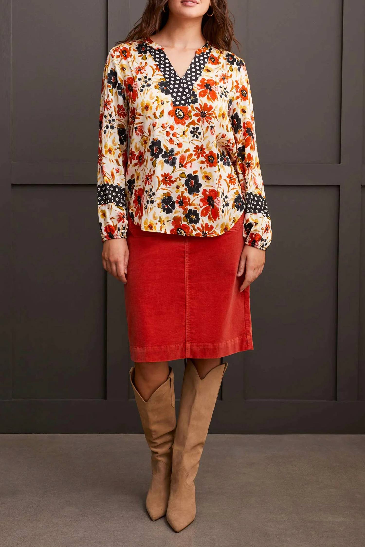 TRIBAL Floral V-neck Blouse With Placket in dark desert - women's blouse