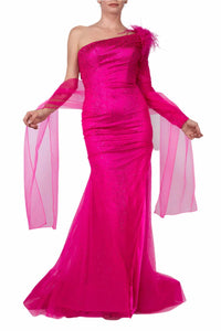 Colors Dress - One Shoulder Mesh Long Sleeve And Feathers Mermaid Gown