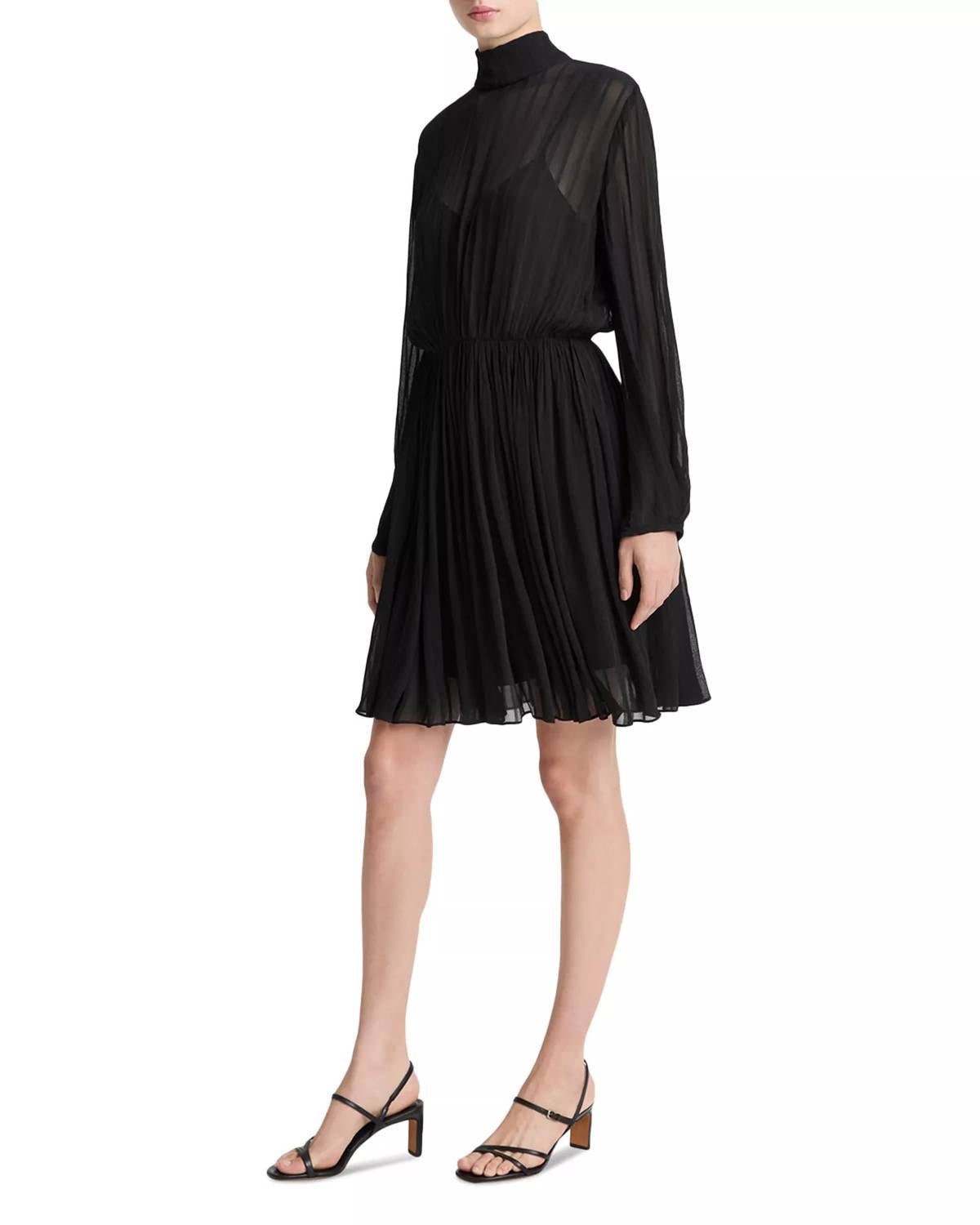 Vince - Crinkle Stripe Mock Neck Long Sleeve Dress