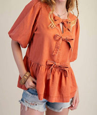 Easel - Bow Front Denim Peplum Blouse